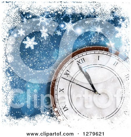 Clipart of a 3d New Year Count down Wall Clock Approaching Midnight over Blue Bokeh in a Frame of Snowflakes - Royalty Free Illustration by KJ Pargeter