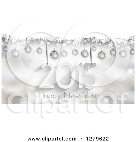 Clipart of a Suspended 2015 with Happy New Year Text over Bokeh with Snow and 3d Silver Baubles - Royalty Free Vector Illustration by KJ Pargeter