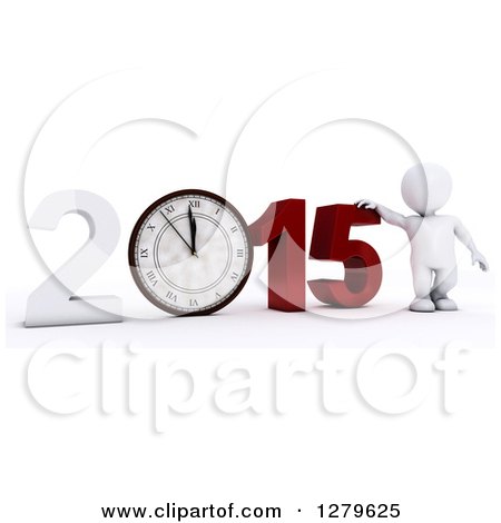 Clipart of a 3d White Man by a Giant New Year 2015 with a Clock - Royalty Free Illustration by KJ Pargeter