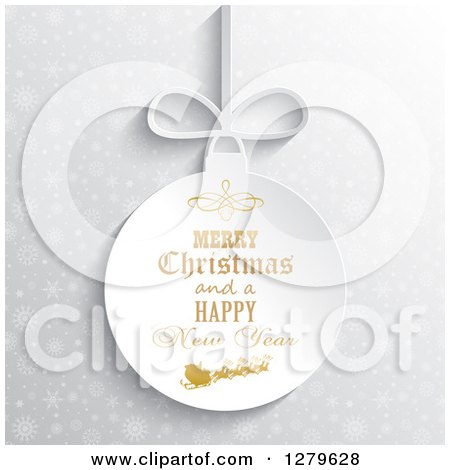 Clipart of a Suspended White Paper Merry Christmas and a Happy New Year Greeting with Santa over Silver Snowflakes - Royalty Free Vector Illustration by KJ Pargeter