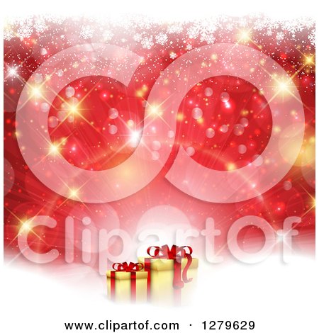 Clipart of 3d Gold and Red Christmas Gifts over Gold and Red Snow and Bokeh - Royalty Free Vector Illustration by KJ Pargeter