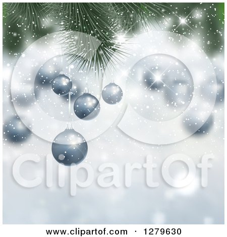 Clipart of a Christmas Background of 3d Suspended Red Ornaments on Branches over Magic Gold Sparkles - Royalty Free Vector Illustration by KJ Pargeter