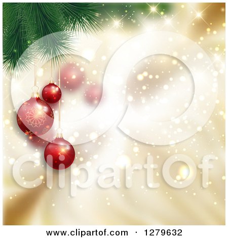 Clipart of a Christmas Background of 3d Suspended Red Ornaments on Branches over Magic Gold Sparkles - Royalty Free Vector Illustration by KJ Pargeter