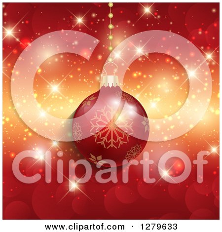 Clipart of a 3d Suspended Red Snowflake Christmas Ornament over Bokeh and Sparkles - Royalty Free Vector Illustration by KJ Pargeter