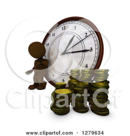 Clipart of a 3d Brown Man Leaning Against a Clock by Stacks of Money Coins, Time Is Money - Royalty Free Illustration by KJ Pargeter