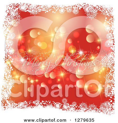 Clipart of a Cursive Gold Merry Christmas Greeting over Red with Bokeh Flares in a Frame of Snowflakes - Royalty Free Vector Illustration by KJ Pargeter