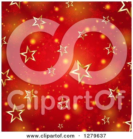 Clipart of a Christmas Background of Gold Stars over Red with Snowflakes and Flares - Royalty Free Vector Illustration by KJ Pargeter
