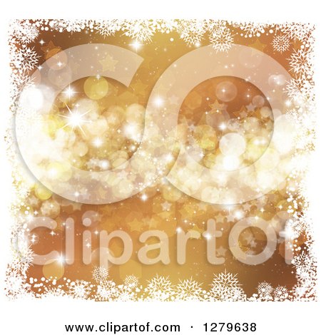 Clipart of a Gold Background of Bokeh, Stars, Sparkles and Snowflakes - Royalty Free Illustration by KJ Pargeter