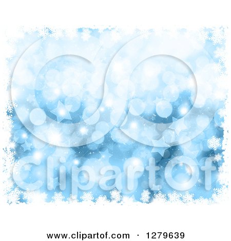 Clipart of a Blue Background of Bokeh, Stars, Sparkles and Snowflakes - Royalty Free Illustration by KJ Pargeter