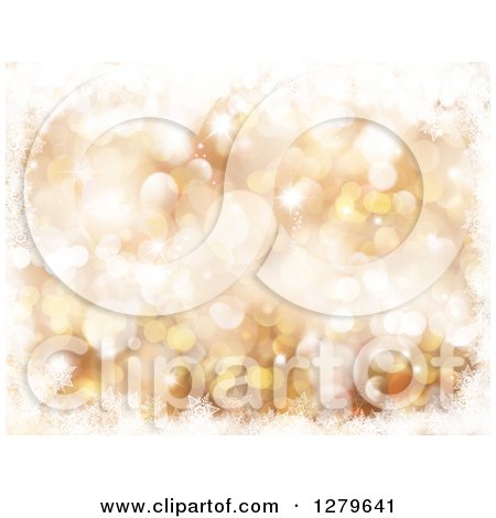 Clipart of a Gold Background of Bokeh Sparkles and Snowflakes - Royalty Free Illustration by KJ Pargeter