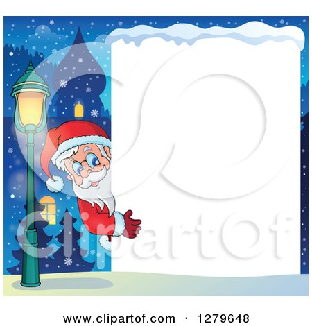 Clipart of Santa Claus Looking Around a Blank White Sign over a Winter Village at Night - Royalty Free Vector Illustration by visekart