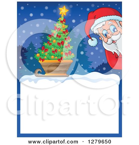 Clipart of Santa Claus Peeking over a Blank Christmas Sign with a Tree in a Sleigh in the Snow - Royalty Free Vector Illustration by visekart