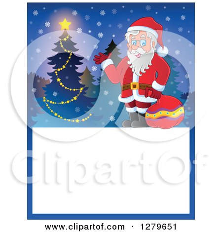 Clipart of Santa Claus Waving by a Tree over a Blank Christmas Sign in the Snow - Royalty Free Vector Illustration by visekart