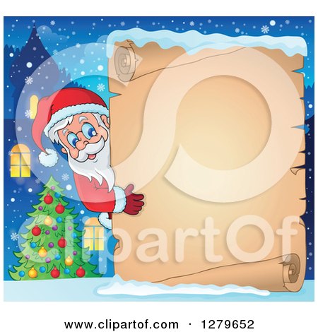 Clipart of Santa Claus Looking Around a Christmas Vintage Parchment Page Scroll over a Winter Village and Tree - Royalty Free Vector Illustration by visekart