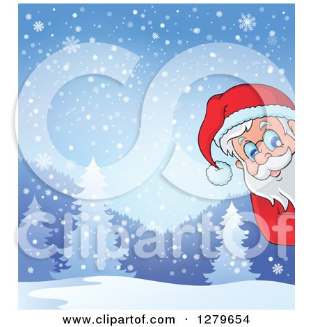 Clipart of Santa Claus Peeking Around a Snowy Winter Forest Landscape - Royalty Free Vector Illustration by visekart