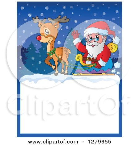 Clipart of Santa Claus and Rudolph Pulling a Sleigh over a Blank Christmas Sign in the Snow - Royalty Free Vector Illustration by visekart