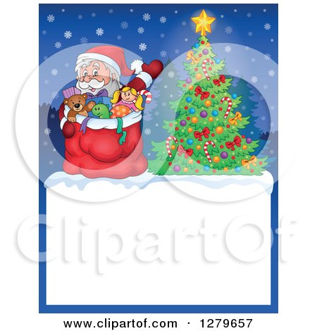 Clipart of Santa Claus Waving with a Sack over a Blank Christmas Sign with a Tree in the Snow - Royalty Free Vector Illustration by visekart
