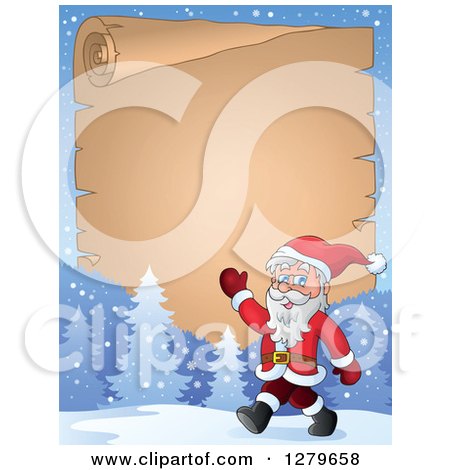 Clipart of Santa Claus Walking and Waving in Front of a Christmas Vintage Parchment Page Scroll in a Winter Landscape - Royalty Free Vector Illustration by visekart