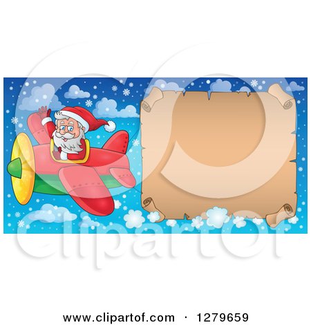 Clipart of Santa Claus Flying an Aerial Christmas Parchment Page Scroll Banner in a Winter Sky - Royalty Free Vector Illustration by visekart