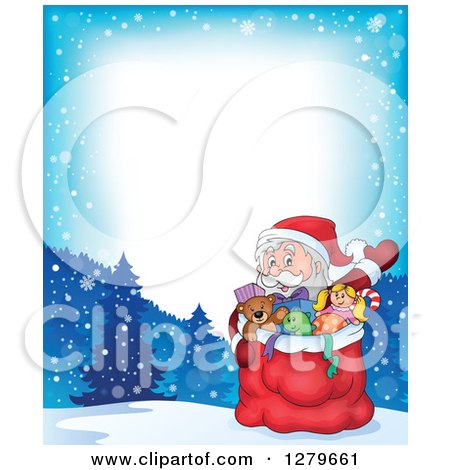 Clipart of Santa Claus Waving Behind a Full Sack of Gifts and Toys over a Border of a Winter Landscape - Royalty Free Vector Illustration by visekart