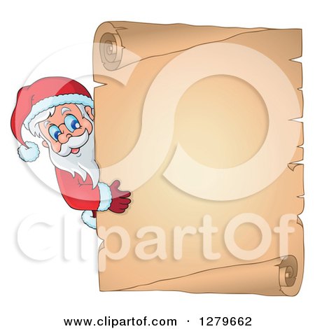 Clipart of Santa Claus Looking Around a Christmas Vintage Parchment Page Scroll - Royalty Free Vector Illustration by visekart