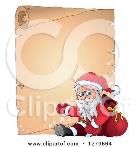 Clipart of Santa Claus Sitting and Waving in Front of a Christmas Vintage Parchment Page Scroll - Royalty Free Vector Illustration by visekart