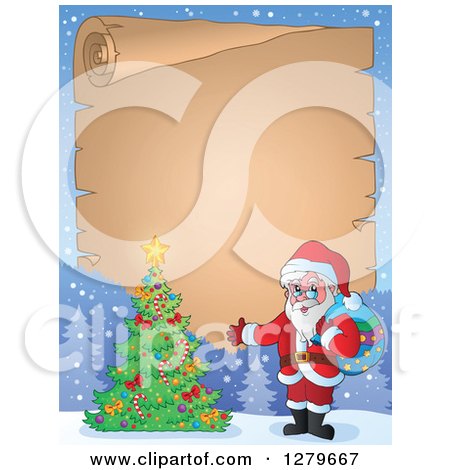 Clipart of Santa Claus Presenting a Christmas Tree over a Vintage Parchment Page Scroll in a Winter Landscape - Royalty Free Vector Illustration by visekart