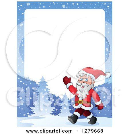 Clipart of Santa Claus Walking and Waving on a Snowy Winter Landscape Border - Royalty Free Vector Illustration by visekart