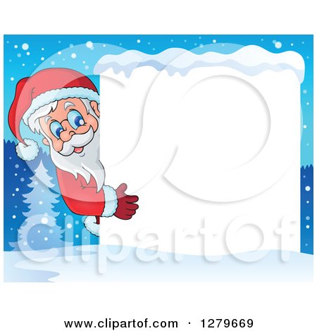 Clipart of Santa Claus Looking Around a Blank White Sign over a Winter Village at Night - Royalty Free Vector Illustration by visekart