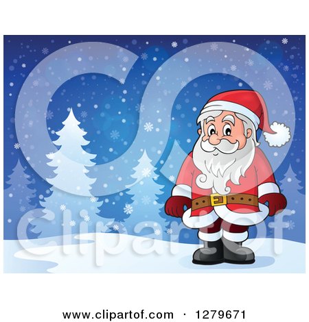 Clipart of Santa Claus Standing in a Snowy Forest Winter Landscape - Royalty Free Vector Illustration by visekart