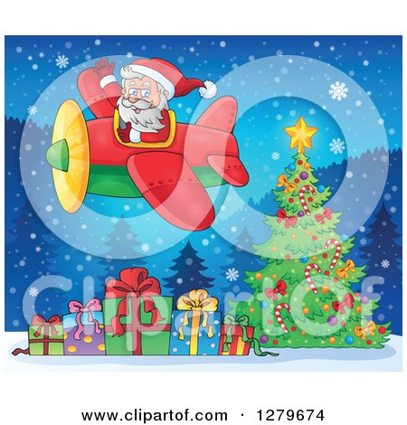 Clipart of Santa Claus Waving and Flying a Plane over a Christmas Tree and Gifts - Royalty Free Vector Illustration by visekart