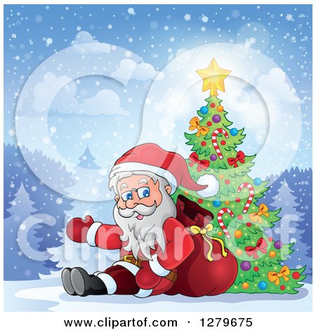 Clipart of Santa Claus Sitting and Waving by a Christmas Tree in a Forest - Royalty Free Vector Illustration by visekart