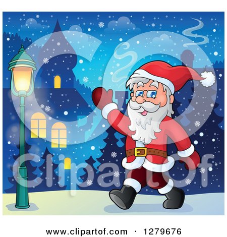 Clipart of Santa Claus Walking and Waving in a Winter Village - Royalty Free Vector Illustration by visekart