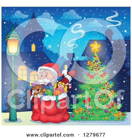Clipart of Santa Claus Waving Behind a Full Sack Next to a Christmas Tree in a Winter Village - Royalty Free Vector Illustration by visekart