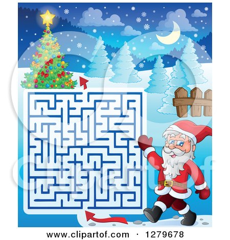 Clipart of Santa Claus Walking and Waving by a Christmas Maze - Royalty Free Vector Illustration by visekart