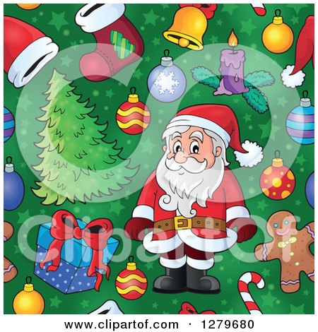 Clipart of a Seamless Christmas Background Pattern of Santa, Gifts, Ornaments and Trees on Green - Royalty Free Vector Illustration by visekart