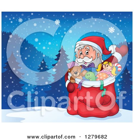 Clipart of Santa Claus Waving Behind a Full Sack of Gifts and Toys over a Border of a Winter Landscape - Royalty Free Vector Illustration by visekart