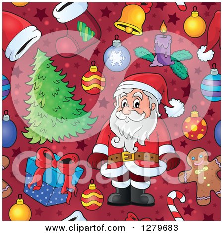 Clipart of a Seamless Christmas Background Pattern of Santa, Gifts, Ornaments and Trees on Red - Royalty Free Vector Illustration by visekart