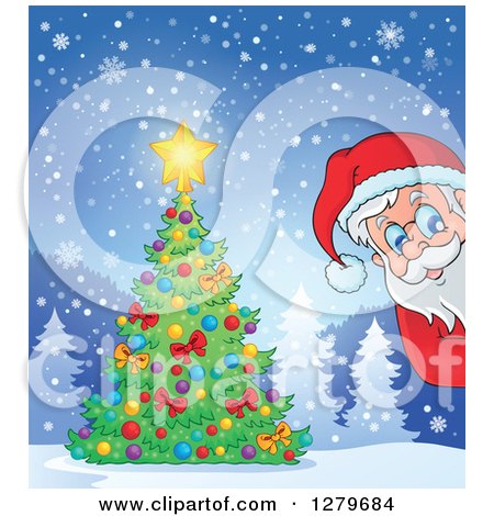 Clipart of Santa Claus Peeking Around a Christmas Tree in a Snowy Winter Landscape - Royalty Free Vector Illustration by visekart
