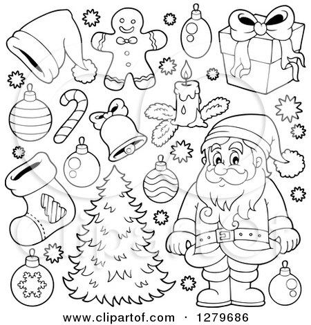 Clipart of a Black and White Santa Claus, a Christmas Tree, and Decorations - Royalty Free Vector Illustration by visekart