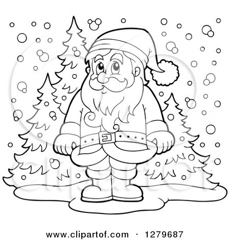 Clipart of a Black and White Santa Claus Standing in a Snowy Forest Winter Landscape - Royalty Free Vector Illustration by visekart