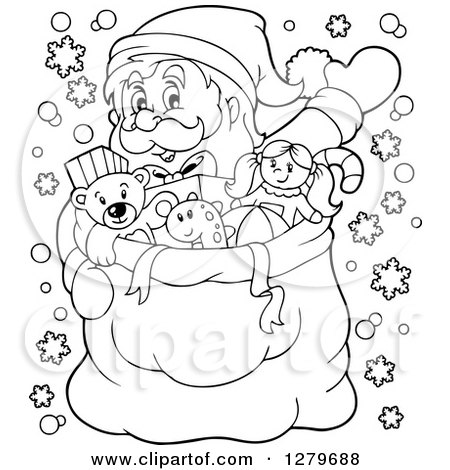 Clipart of a Black and White Santa Claus Waving Behind a Full Sack of Gifts and Toys - Royalty Free Vector Illustration by visekart