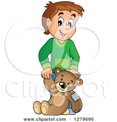 Clipart of a Happy Black and White Boy Holding a Teddy Bear - Royalty Free Vector Illustration by visekart