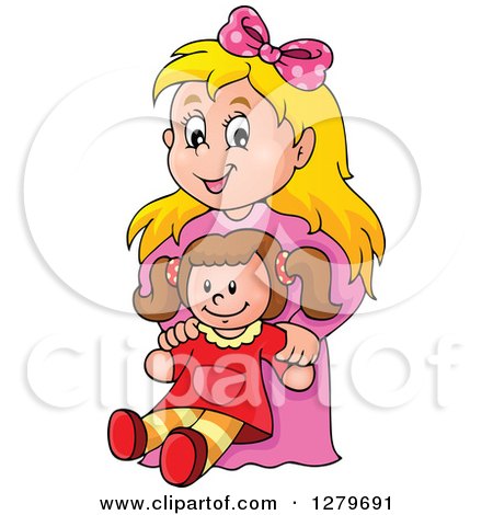 Clipart of a Happy Blond Caucasian Girl Holding a Doll - Royalty Free Vector Illustration by visekart