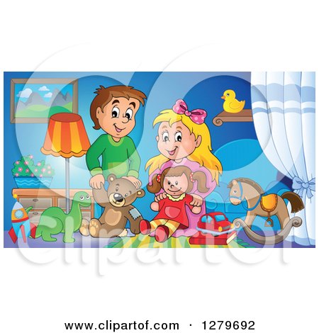 Clipart of a Happy Brunette Caucasian Boy and Blond Girl Playing with Toys in a Room - Royalty Free Vector Illustration by visekart