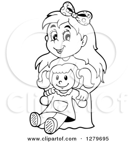 Clipart of a Happy Black and White Girl Holding a Doll - Royalty Free Vector Illustration by visekart