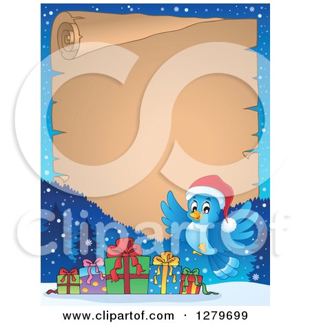 Clipart of a Christmas Background of a Bluebird and Gifts over an Aged Parchment Sign and Snow - Royalty Free Vector Illustration by visekart