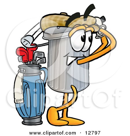 Clipart Picture of a Garbage Can Mascot Cartoon Character Swinging His Golf Club While Golfing by Mascot Junction