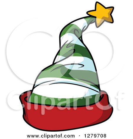Clipart of a Green and White Striped Christmas Elf Hat with a Red Rim - Royalty Free Vector Illustration by Vector Tradition SM
