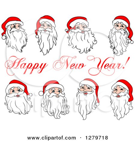Clipart of Santa Faces and Happy New Year Text - Royalty Free Vector Illustration by Vector Tradition SM